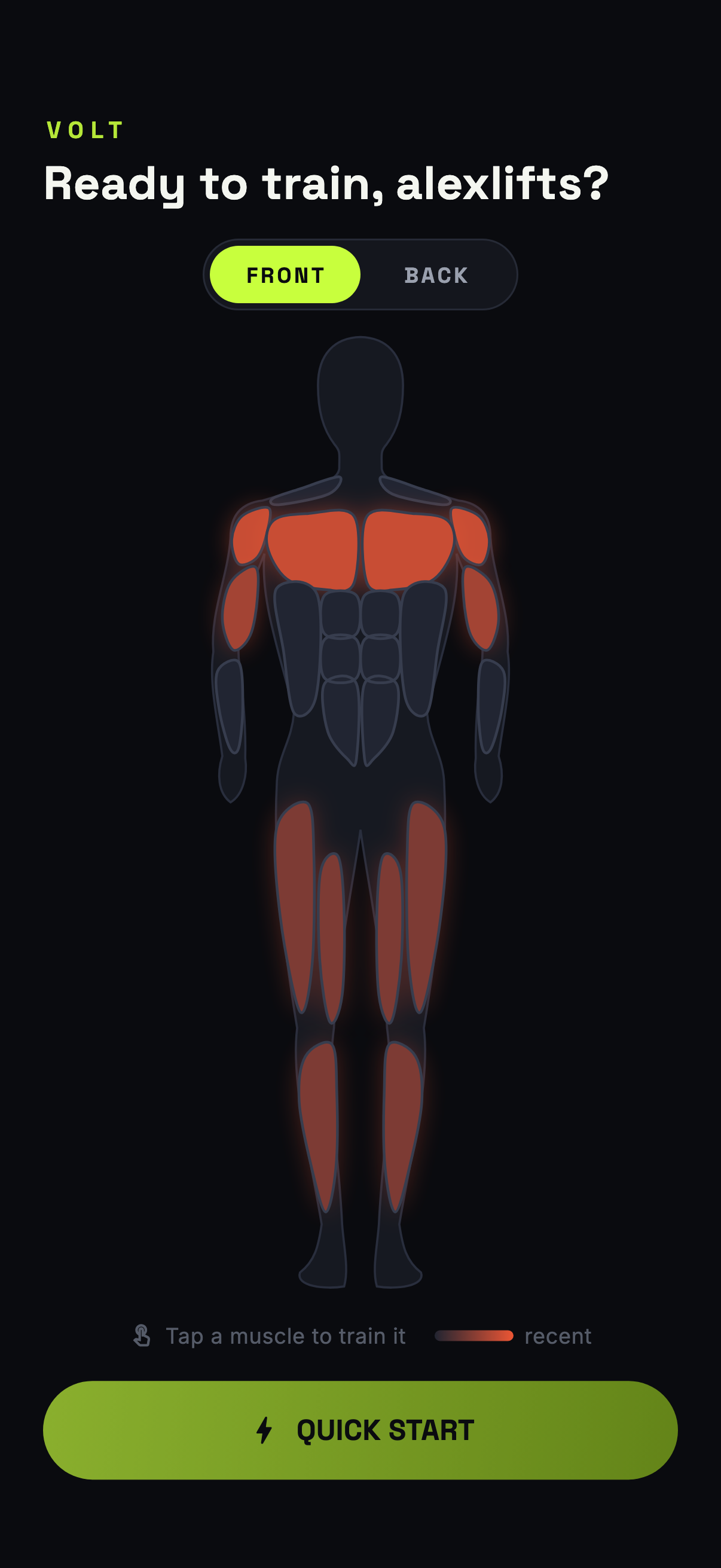 VOLT home screen showing the interactive muscle body map