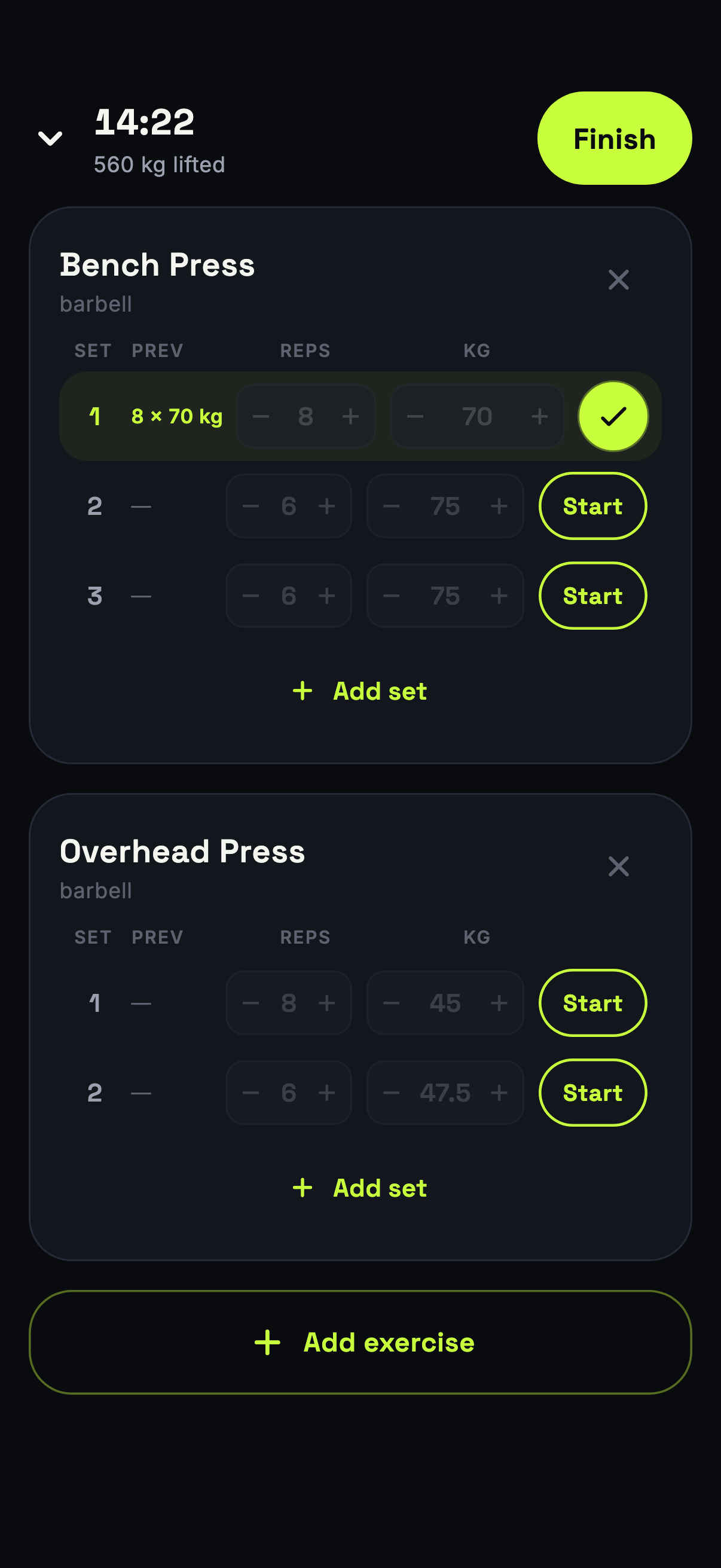 Active workout logging screen